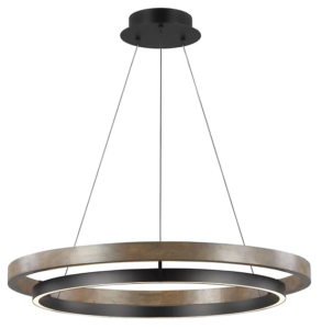 Grace 65 Chandelier by Sean Lavin is designed with two rings that illuminate this contemporary chandelier. A large natural oak outer ring has organic texture complemented by a decorative black inner ring housing gently diffused upward and downward LEDs.